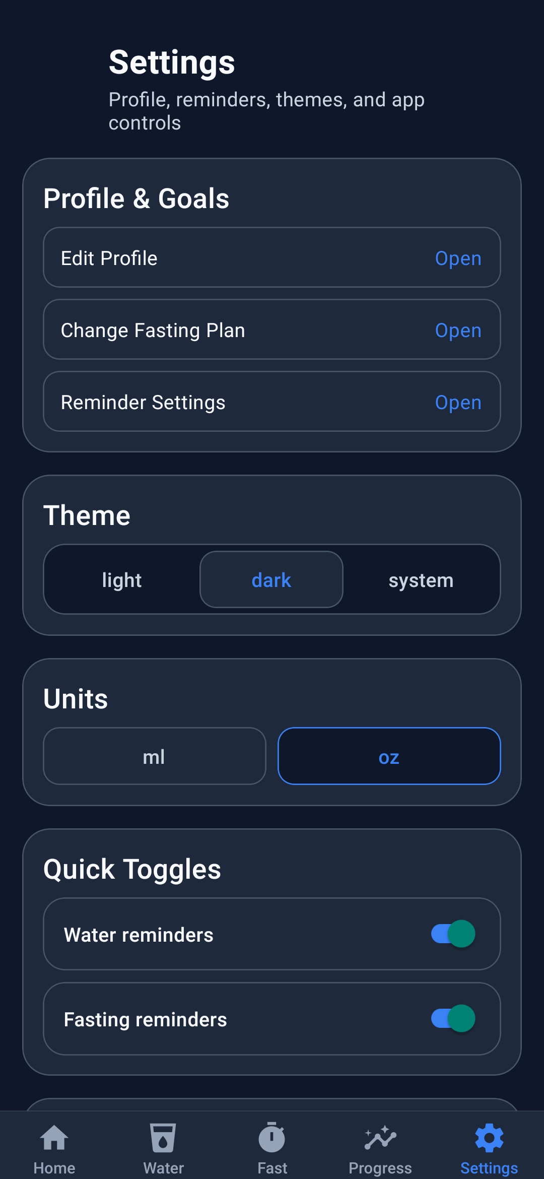 HydroFast Android history screen with water and fasting filters