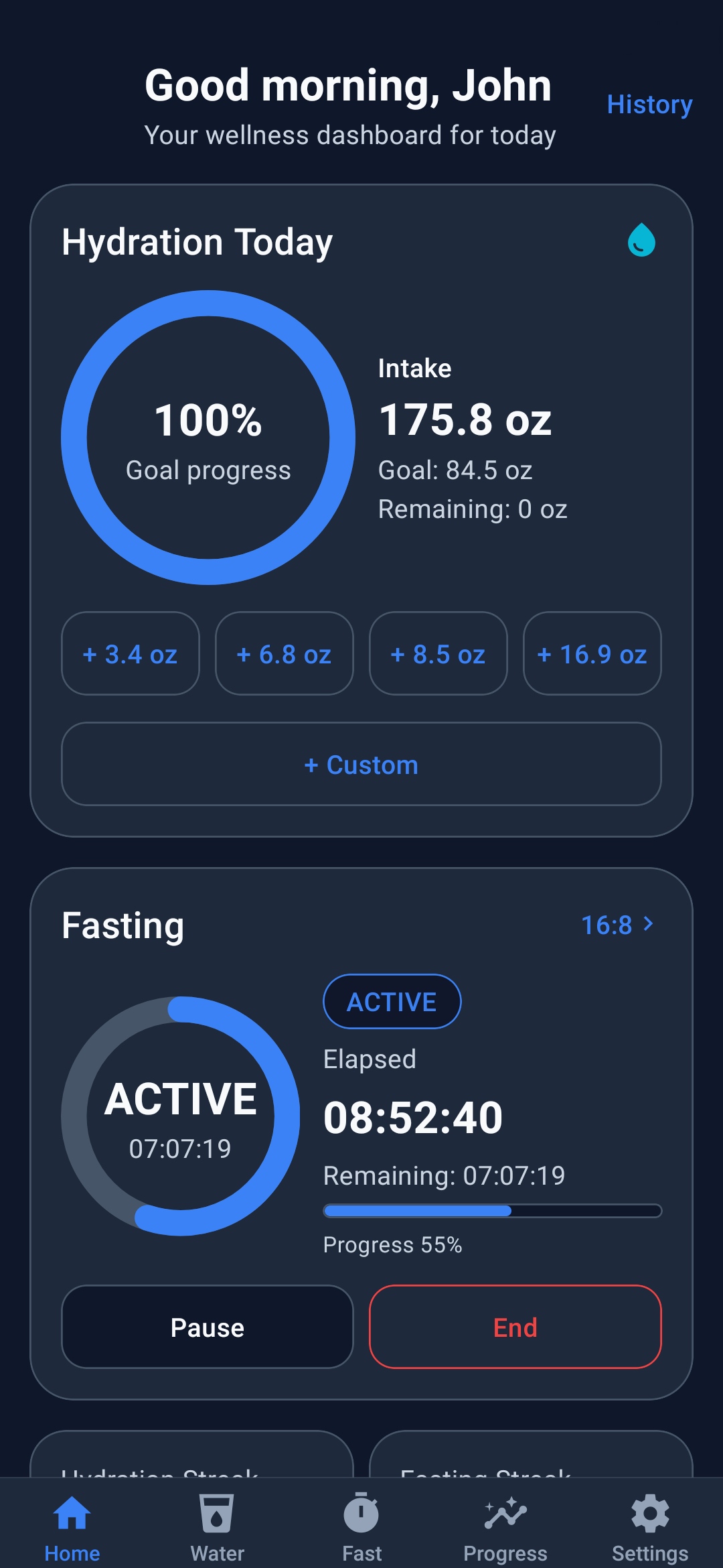 HydroFast Android home dashboard showing water progress and fasting status