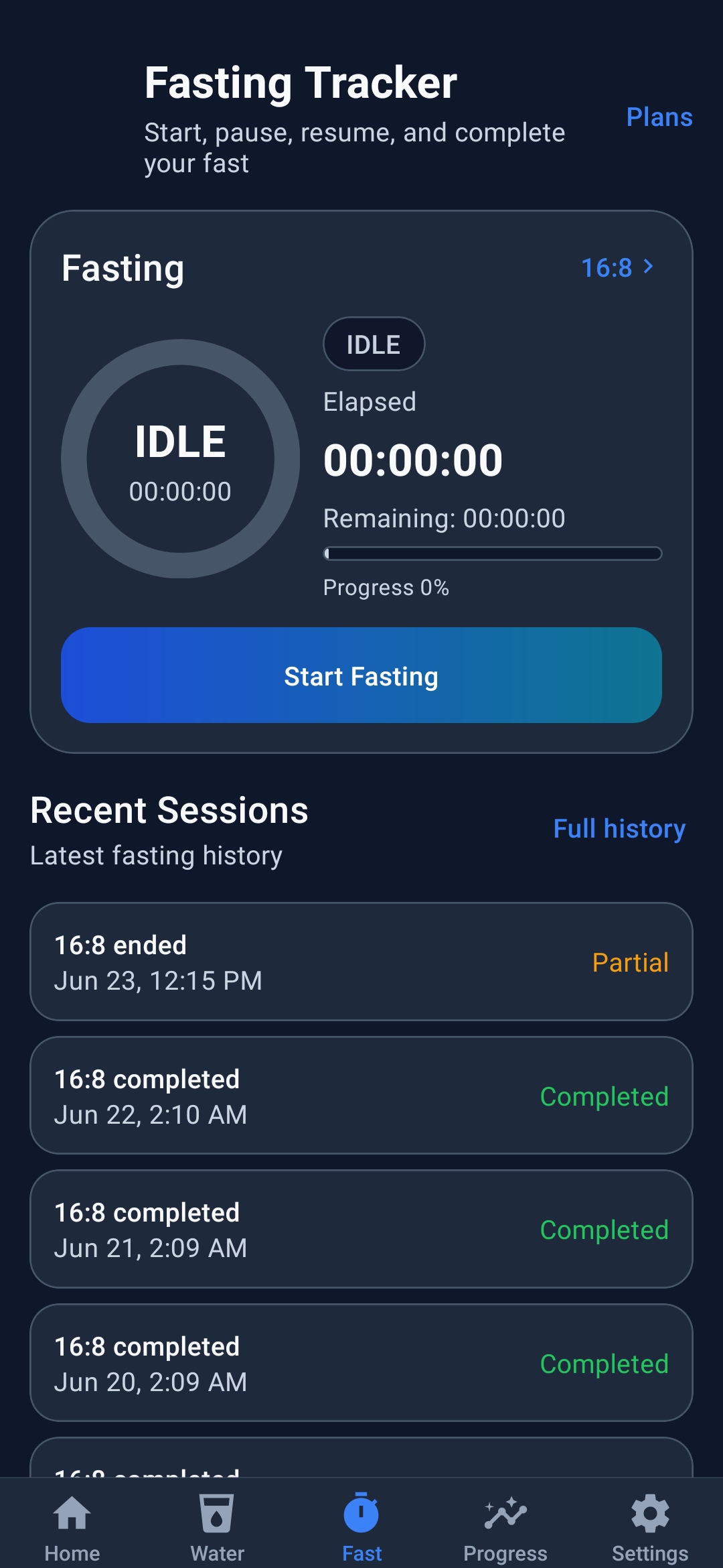 HydroFast Android fasting overview screen