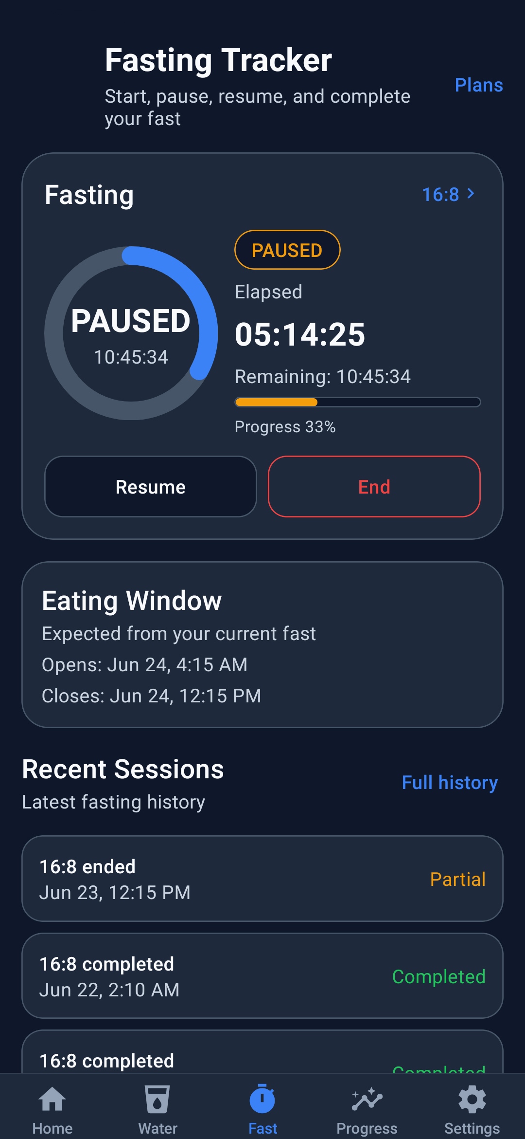 HydroFast Android paused fasting timer screen
