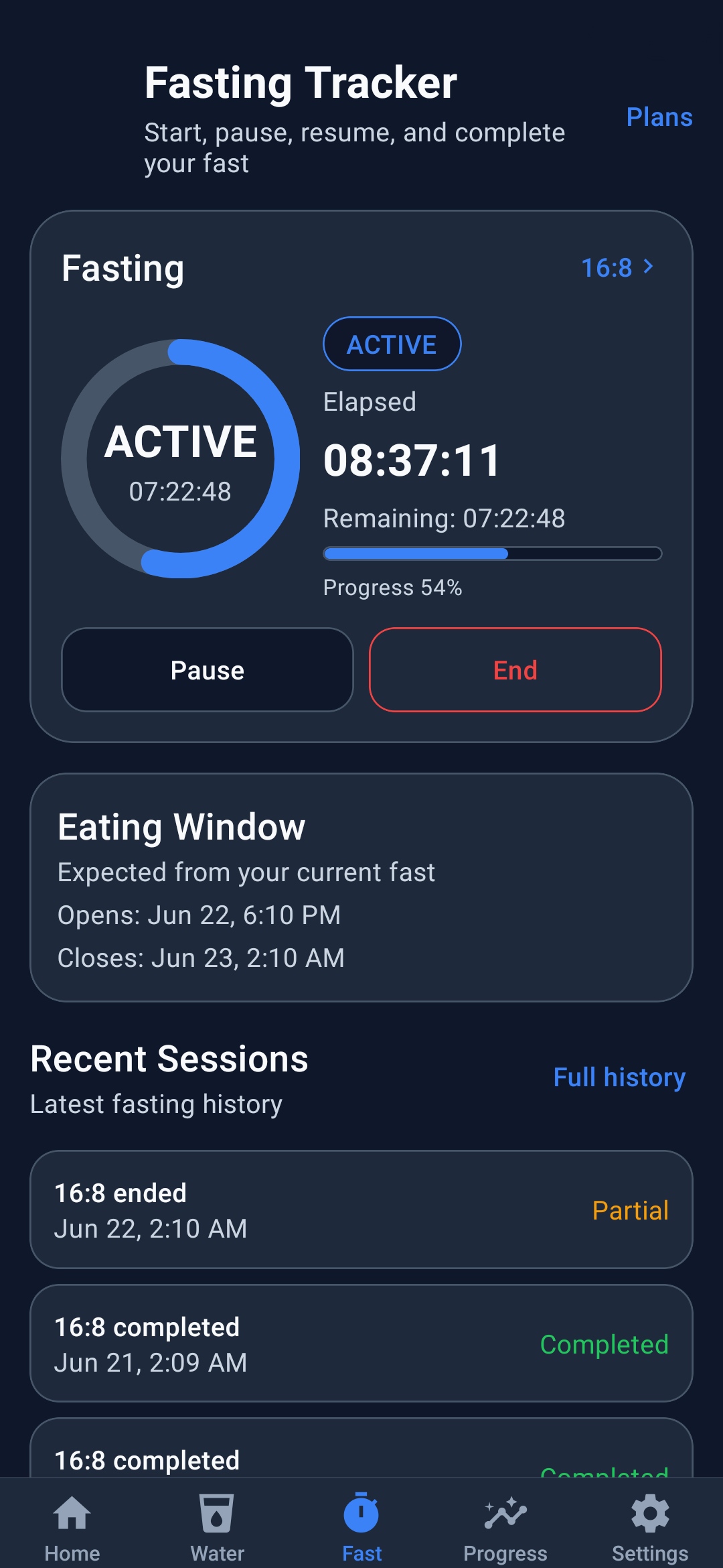 HydroFast Android fasting timer screen with 16:8 plan