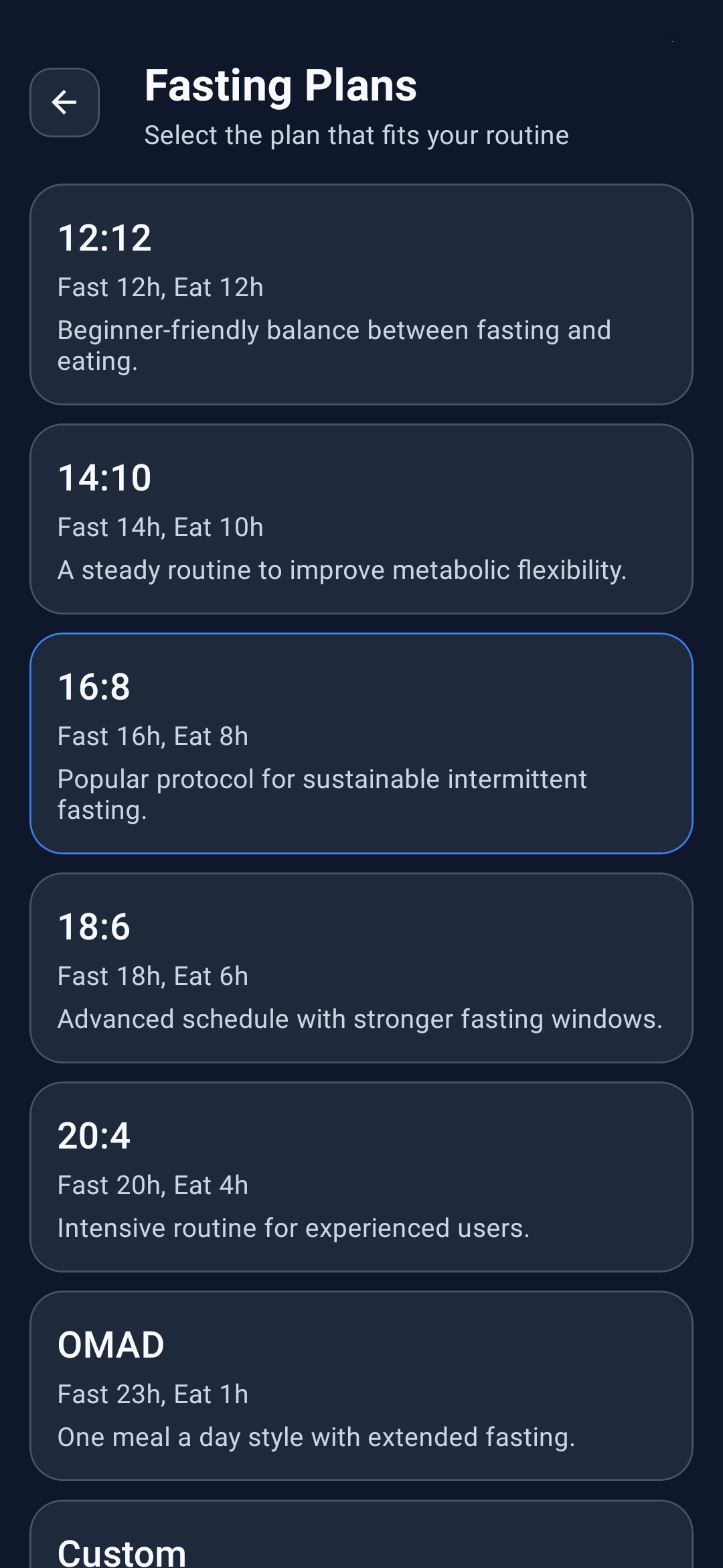 HydroFast Android fasting plan selection screen