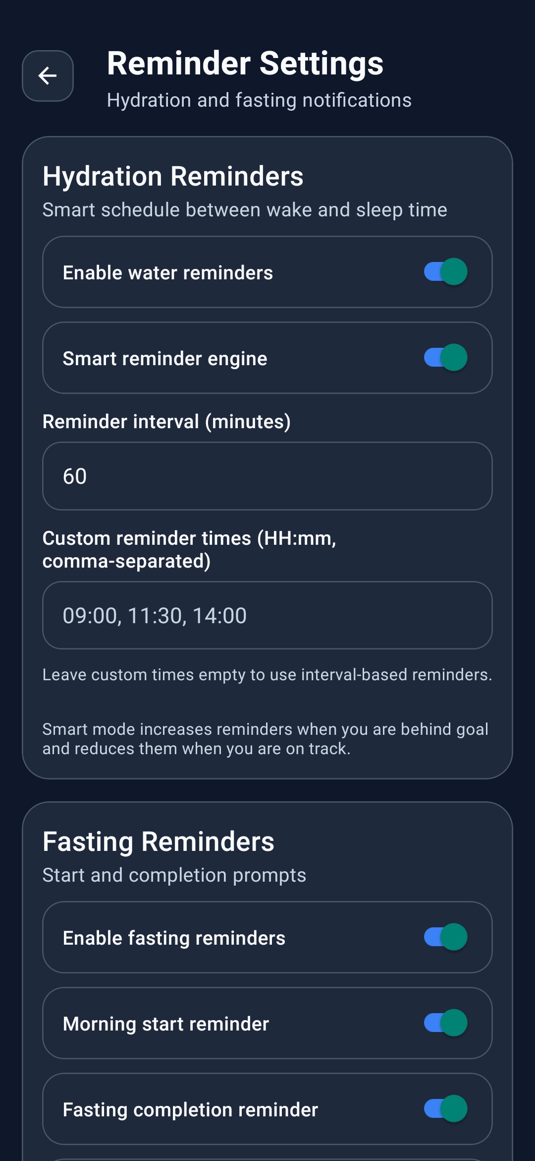 HydroFast Android reminder settings screen