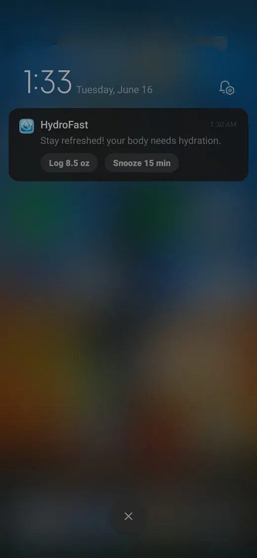 HydroFast hydration notification illustration with Log 8.5 oz and Snooze 15 min actions