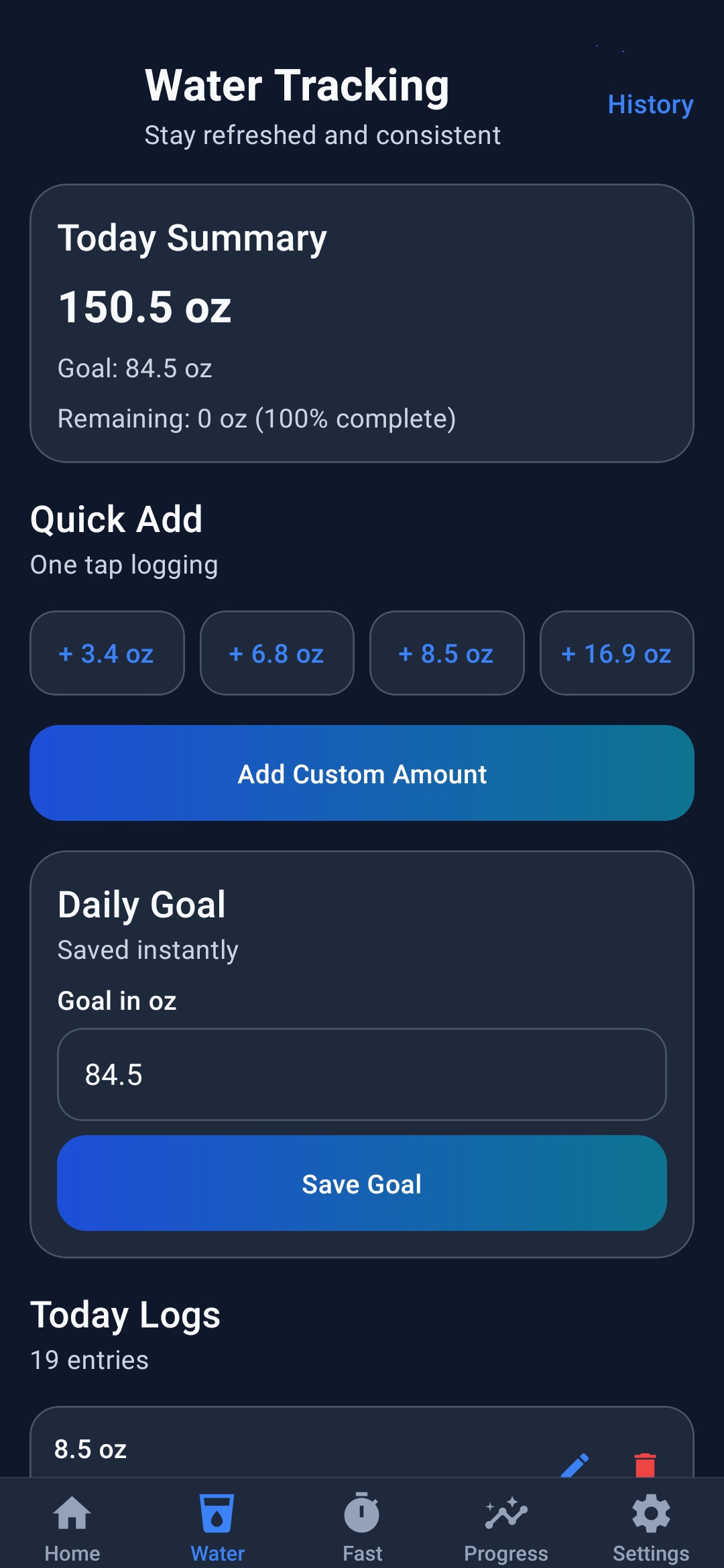 HydroFast Android water tracker screen with quick add buttons