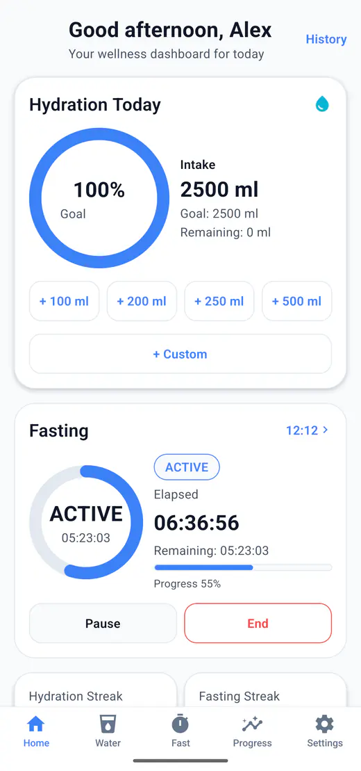 HydroFast Android home dashboard with hydration progress, an active fasting timer, and daily streak summaries