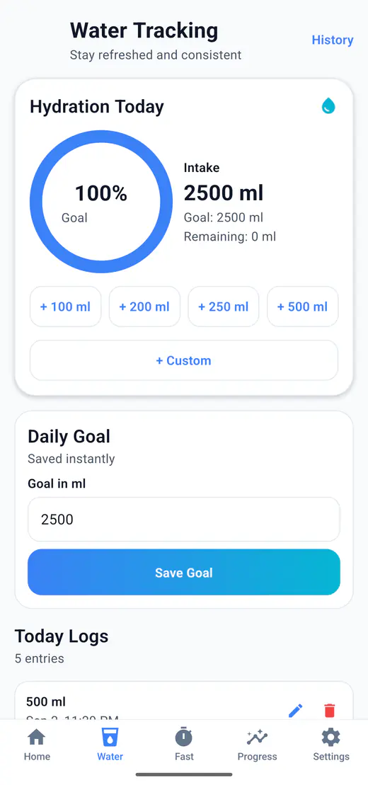 HydroFast water tracking screen with a daily water goal and saved intake logs