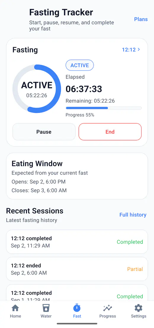 HydroFast active fasting timer with elapsed time, remaining time, pause, and end controls