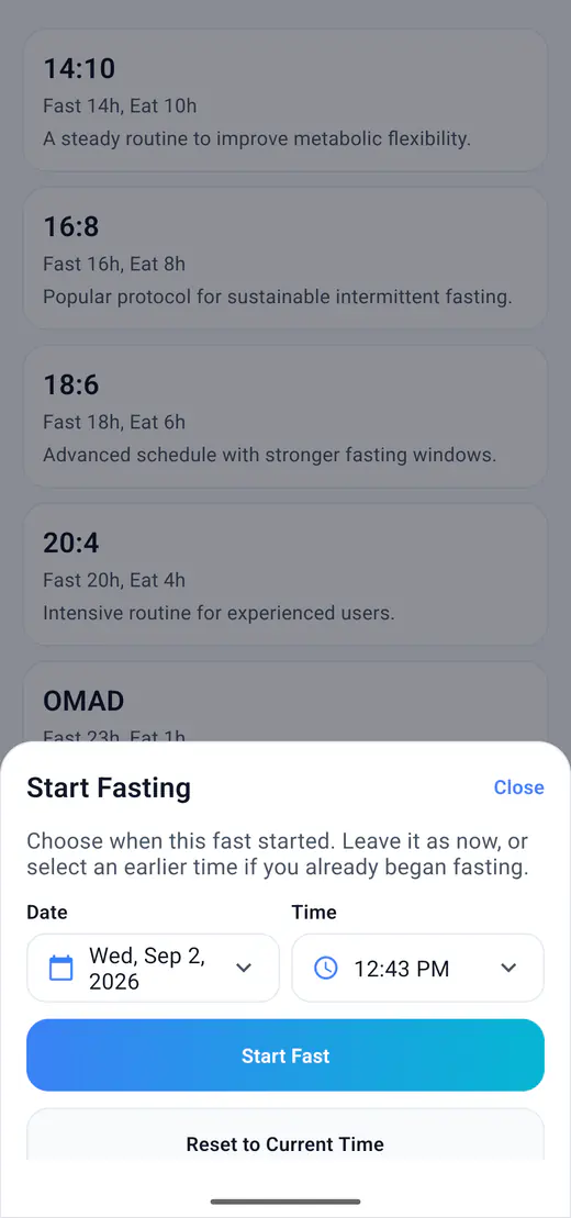 HydroFast start fasting panel with date and time controls