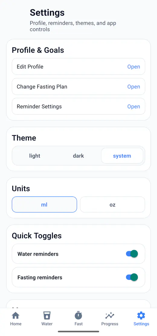 HydroFast settings screen with profile, units, reminders, theme, and data controls