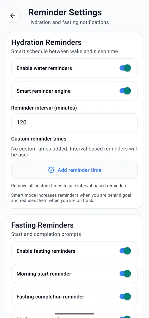 HydroFast reminder settings for hydration intervals and fasting notifications
