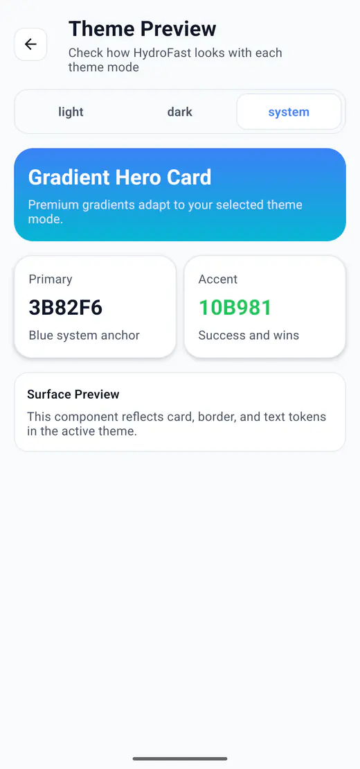 HydroFast theme preview screen with light, dark, and system appearance controls