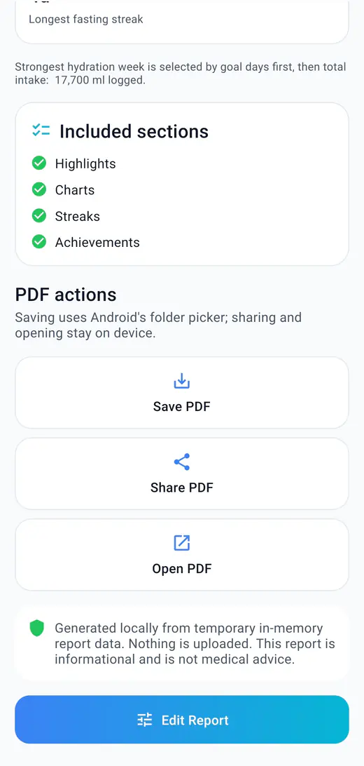 HydroFast report screen with Save PDF, Share PDF, and Open PDF buttons and a note that the report is generated locally