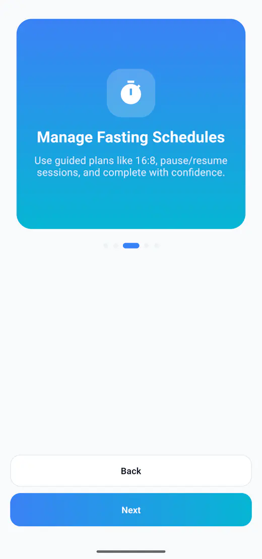 HydroFast onboarding screen introducing fasting plans and timer controls