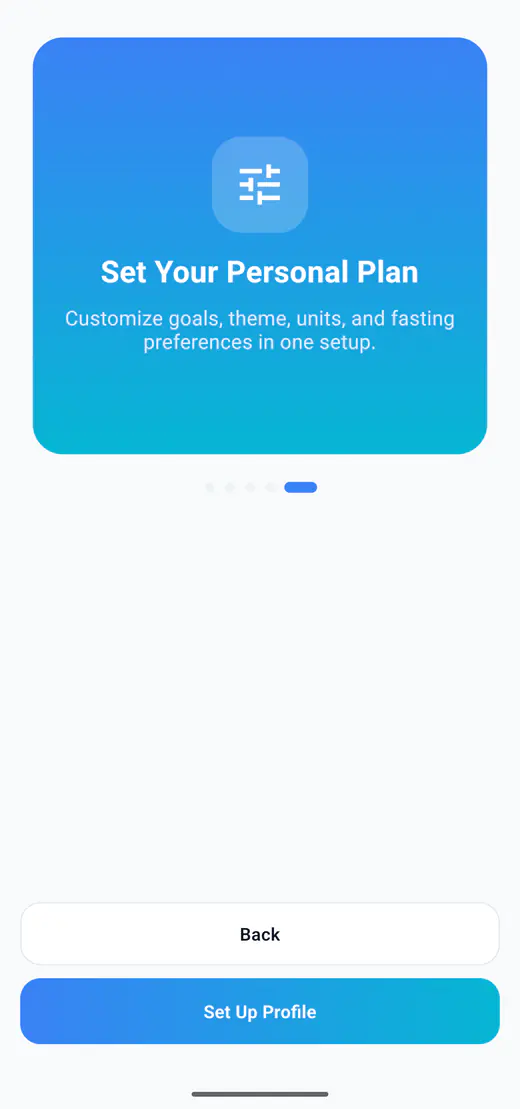 HydroFast onboarding screen for setting goals, units, theme, and fasting preferences